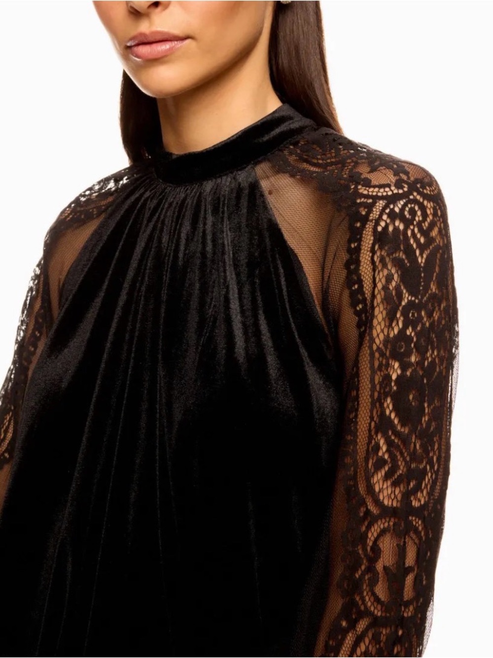 AREA Natalie top Black Velvet with Lace Long Sleeves